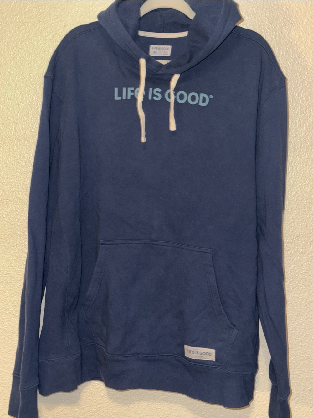 Life Is Good Men’s Navy Blue Pullover Hoodie with Light Blue Logo
